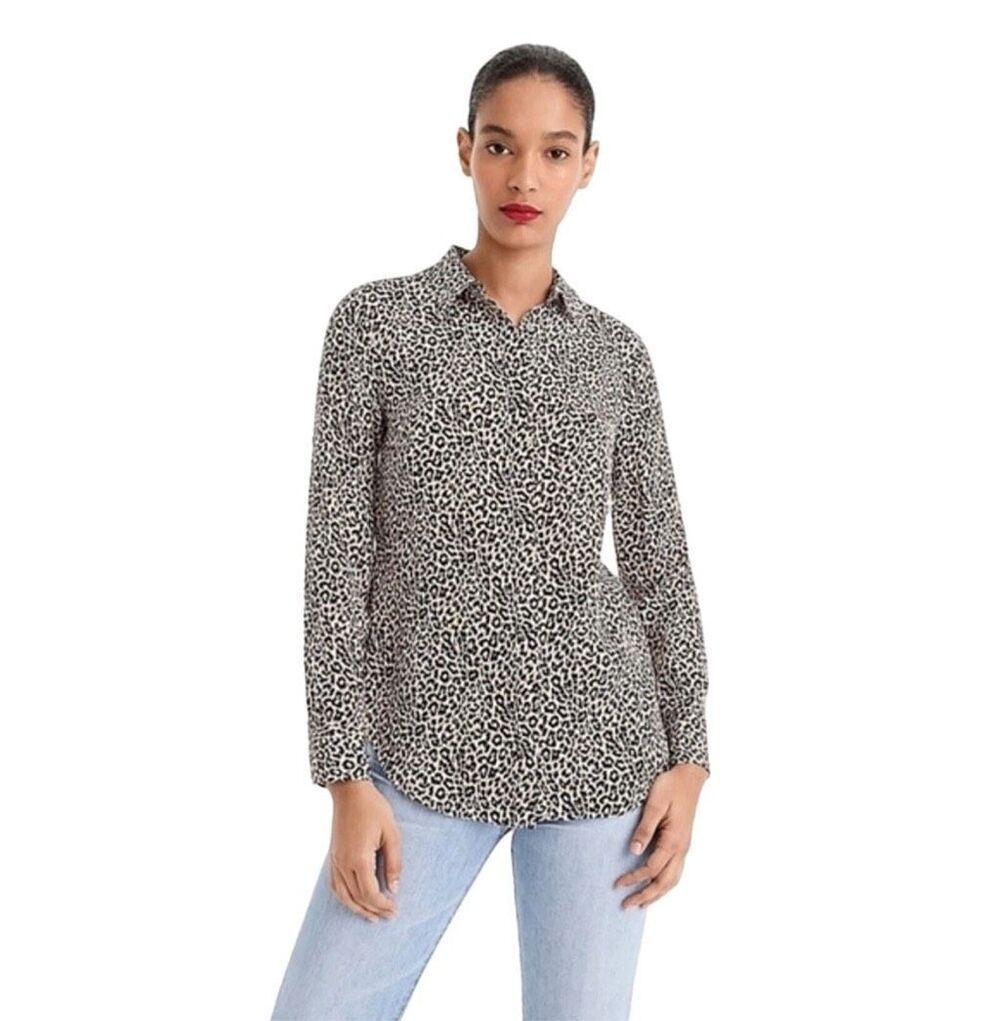 J. Crew 100% Silk Blouse Button-Down Camel Leopard Print Size 4